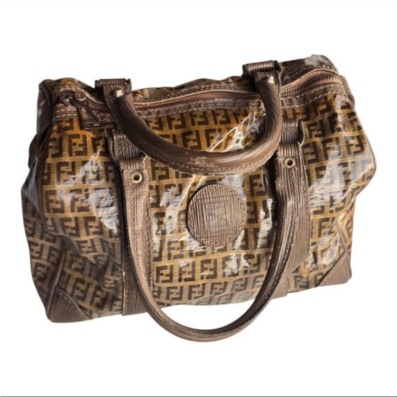 Vintage Fendi Zucca FF Boston Tote Handbag Brown Tan Monogram Women - Picture 1 of 15